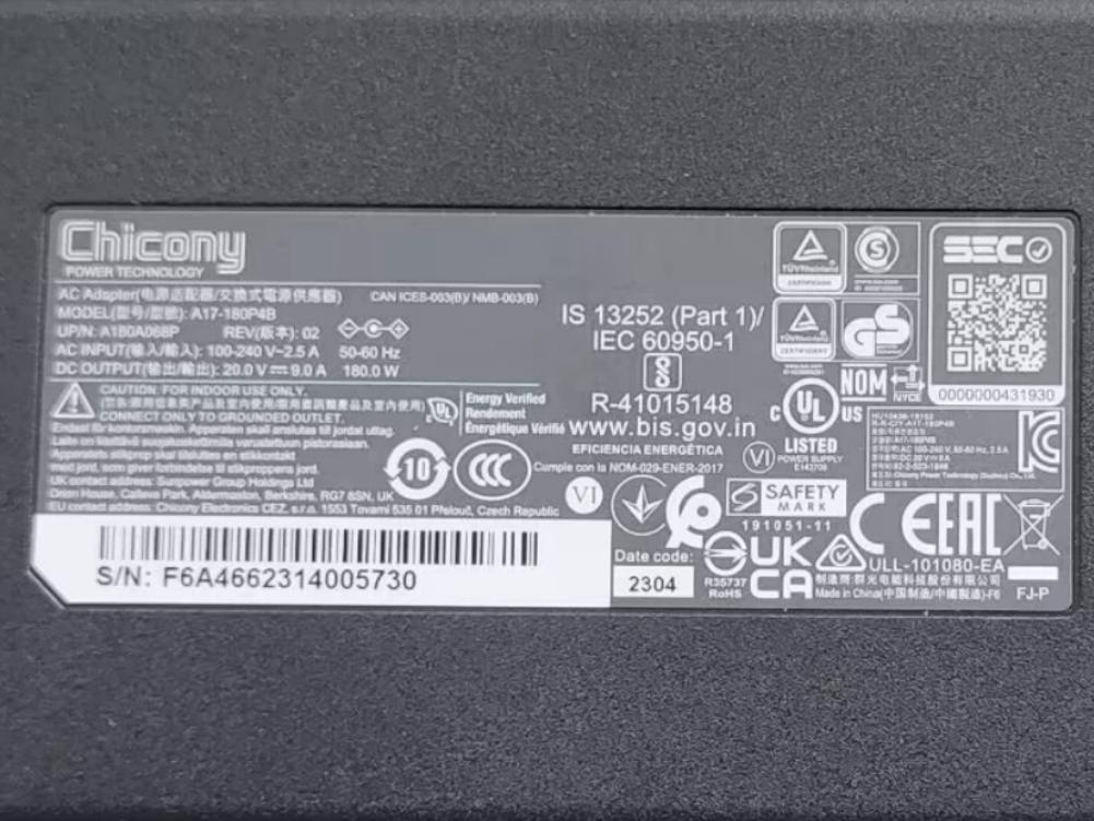 (image for) Original 20V 9A 180W Clevo A180A005L Netzteil Ladegerät + Ladekabel