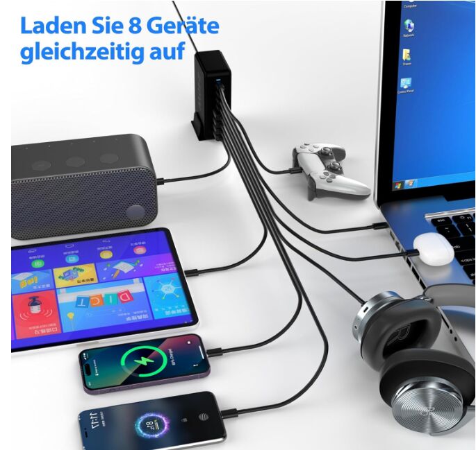 (image for) 240W 8-Port USB Netzteil Adapter Mehrfach Ladegerät mit 4 Type-C und 4 USB-A SchnellLadegerät PD 3.0 