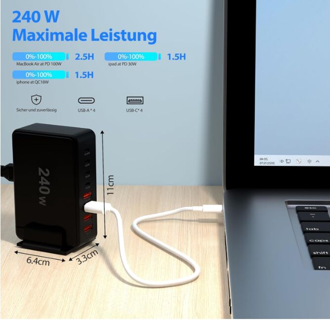 (image for) 240W 8-Port USB Netzteil Adapter Mehrfach Ladegerät mit 4 Type-C und 4 USB-A SchnellLadegerät PD 3.0 
