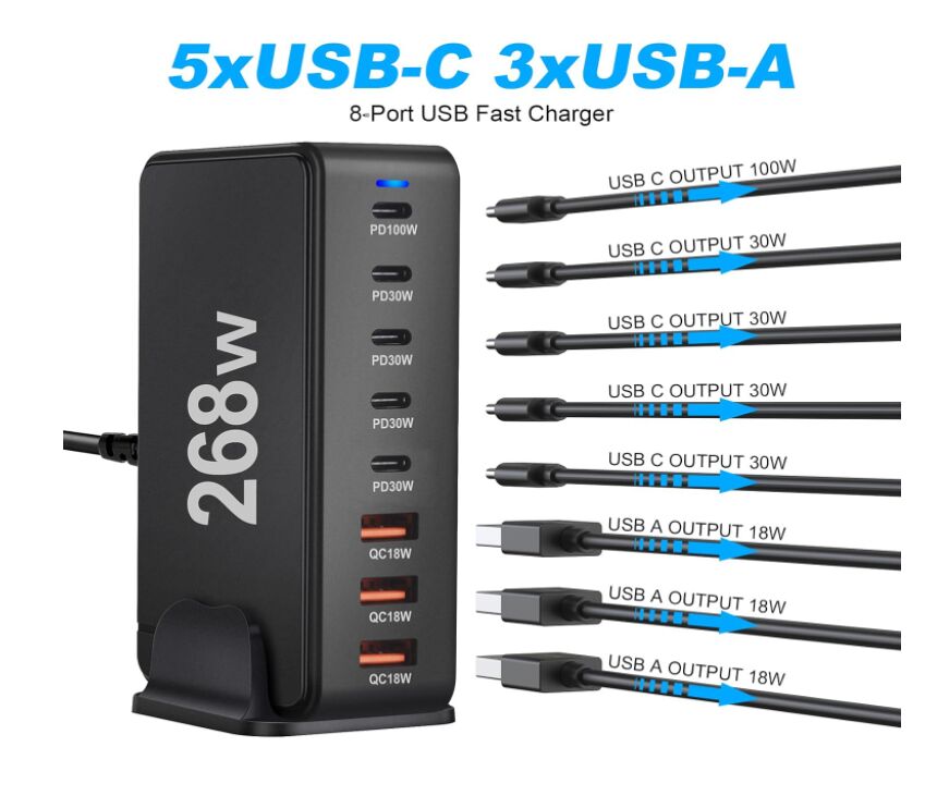 268W 8-Port Type-C Adapter Mehrfach Ladegerät mit USB-C und USB-A SchnellLadegerät PD Netzteil (image for) 268W 8-Port Type-C Adapter Mehrfach Ladegerät mit USB-C und USB-A SchnellLadegerät PD Netzteil
