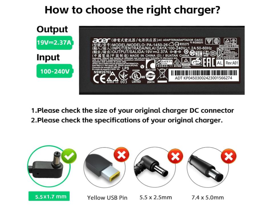 (image for) 45W 19V 2.37A Original Acer Aspire 1430Z Netzteil Ladegerät + Ladekabel